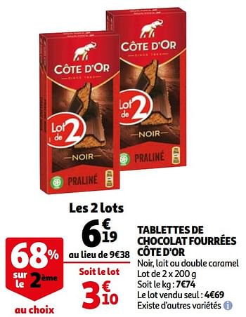 Promoties Tablettes de chocolat fourrées côte d`or - Cote D'Or - Geldig van 25/05/2022 tot 31/05/2022 bij Auchan