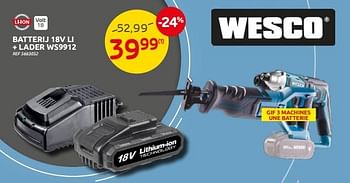 Promoties Wesco batterij 18v li + lader ws9912 - Wesco - Geldig van 25/05/2022 tot 13/06/2022 bij Brico