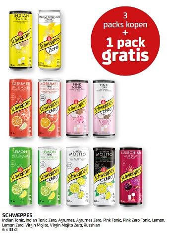 Promotions Schweppes 3 packs kopen + 1 pack gratis - Schweppes - Valide de 03/06/2022 à 16/06/2022 chez BelBev