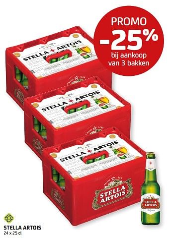 Promotions Stella artois promo -25% bij aankoop van 3 bakken - Stella Artois - Valide de 03/06/2022 à 16/06/2022 chez BelBev