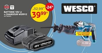 Promotions Batterie 18v li + chargeur ws9912 wesco - Wesco - Valide de 25/05/2022 à 13/06/2022 chez Brico