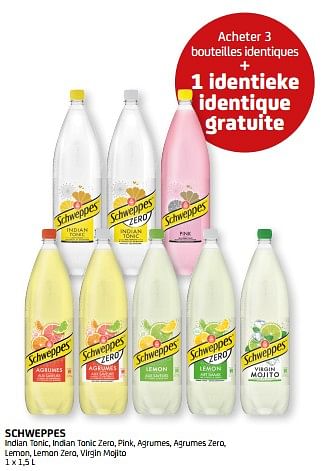 Promotions Schweppes acheter 3 bouteilles identiques + 1 identieke identique gratuite - Schweppes - Valide de 03/06/2022 à 16/06/2022 chez BelBev