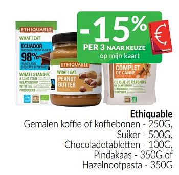 Promoties Ethiquable gemalen koffie of koffiebonen - suiker - chocoladetabletten - pindakaas - of hazelnootpasta - Ethiquable - Geldig van 01/06/2022 tot 30/06/2022 bij Intermarche