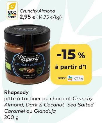 Promotions Rhapsody pâte à tartiner au chocolat crunchy almond - Rhapsody - Valide de 25/05/2022 à 21/06/2022 chez Bioplanet
