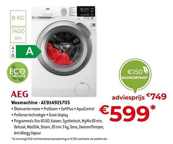 Promoties Aeg wasmachine - ae914921705 - AEG - Geldig van 20/05/2022 tot 30/06/2022 bij Exellent