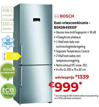 Promoties Bosch koel-vriescombinatie - bokgn49xidp - Bosch - Geldig van 20/05/2022 tot 30/06/2022 bij Exellent