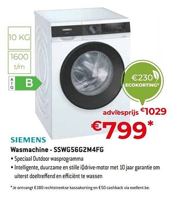 Promoties Siemens wasmachine - sswg56g2m4fg - Siemens - Geldig van 20/05/2022 tot 30/06/2022 bij Exellent