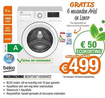 Promoties Beko wasmachine bewtv9716xwwst - Beko - Geldig van 20/05/2022 tot 30/06/2022 bij Expert