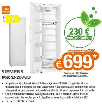 Promotions Siemens frigo ssks36vvwdp - Siemens - Valide de 20/05/2022 à 30/06/2022 chez Expert