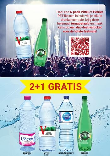 Promoties Contrex vittel nestlé pure life perrier 2+1 gratis - Huismerk - BelBev - Geldig van 17/06/2022 tot 30/06/2022 bij BelBev