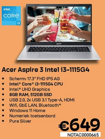 Promotions Acer aspire 3 intel i3-1115g4 - Acer - Valide de 01/06/2022 à 30/06/2022 chez Compudeals