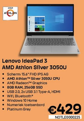 Promoties Lenovo ipeapad 3 amd athlon silver 3050u - Lenovo - Geldig van 01/06/2022 tot 30/06/2022 bij Compudeals