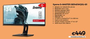 Promoties Iiyama g-master gb3461wqsu-b1 - Iiyama - Geldig van 01/06/2022 tot 30/06/2022 bij Compudeals