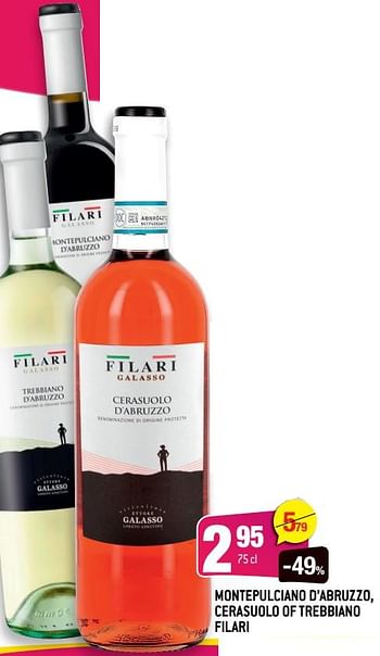 Promoties Montepulciano d’abruzzo, cerasuolo of trebbiano filari - Rosé wijnen - Geldig van 08/06/2022 tot 14/06/2022 bij Smatch