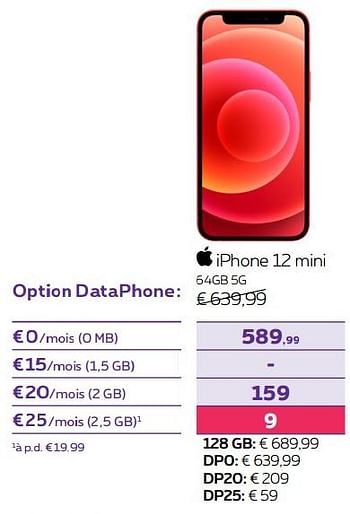 Promotions Apple iphone 12 mini 64gb 5g - Apple - Valide de 01/06/2022 à 30/06/2022 chez Proximus