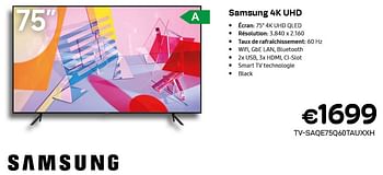 Promotions Samsung qled 4k q60t smart-téléviseur tv-saqe75q60tauxxh - Samsung - Valide de 01/06/2022 à 30/06/2022 chez Compudeals