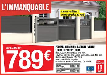 Promotions Portail aluminium battant vento - Produit Maison - Brico Depot - Valide de 03/06/2022 à 16/06/2022 chez Brico Depot