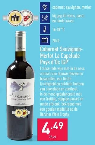 Promoties Cabernet sauvignonmerlot la capelude pays d`oc igp - Rode wijnen - Geldig van 20/06/2022 tot 01/07/2022 bij Aldi