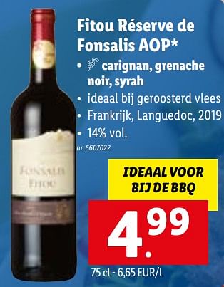 Promoties Fitou réserve de fonsalis aop - Rode wijnen - Geldig van 27/06/2022 tot 03/07/2022 bij Lidl