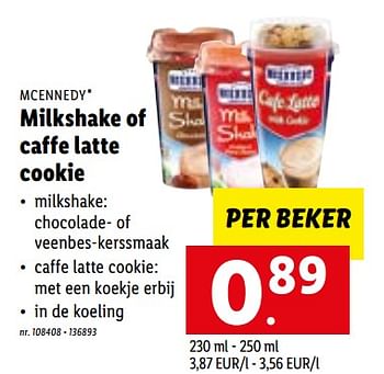 Promoties Milkshake of caffe latte cookie - Mcennedy - Geldig van 27/06/2022 tot 03/07/2022 bij Lidl