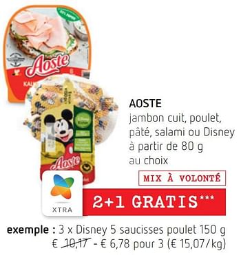 Promotions Aoste disney 5 saucisses poulet - Aoste - Valide de 16/06/2022 à 29/06/2022 chez Spar (Colruytgroup)