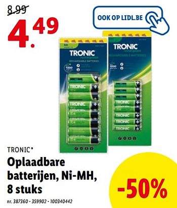 Promoties Oplaadbare batterijen ni-mh - Tronic - Geldig van 27/06/2022 tot 03/07/2022 bij Lidl
