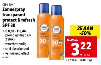 Promotions Zonnespray transparant protect + refresh spf 30 - Cien sun - Valide de 27/06/2022 à 03/07/2022 chez Lidl