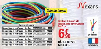 Promotions Câble h07vu speedfil rouge bleu et vert-jaune - Nexans - Valide de 10/06/2022 à 30/06/2022 chez Brico Depot