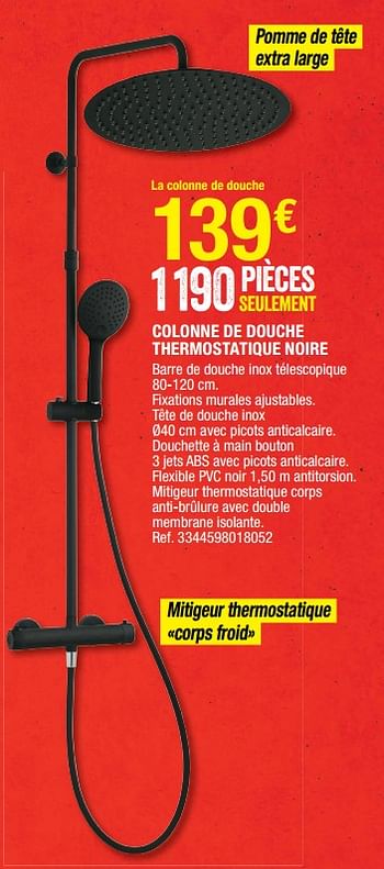 Promotions Colonne de douche thermostatique noire - Produit Maison - Brico Depot - Valide de 10/06/2022 à 30/06/2022 chez Brico Depot