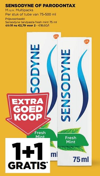 Promoties Sensodyne tandpasta fresh mint - Sensodyne - Geldig van 22/06/2022 tot 28/06/2022 bij Jumbo