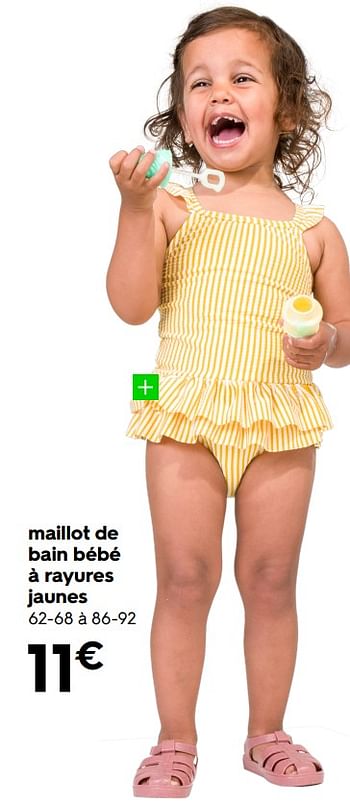 Promotions Maillot de bain bébé à rayures jaunes - Produit maison - Hema - Valide de 20/06/2022 à 26/06/2022 chez Hema