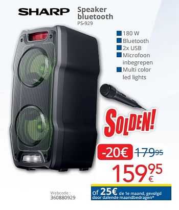 Promotions Sharp speaker bluetooth ps-929 - Sharp - Valide de 01/07/2022 à 31/07/2022 chez Eldi