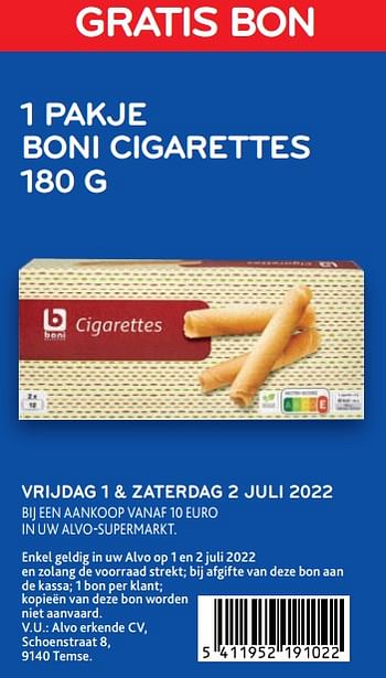 Promoties Gratis bon 1 pakje boni cigarettes 180 g - Boni - Geldig van 01/07/2022 tot 02/07/2022 bij Alvo