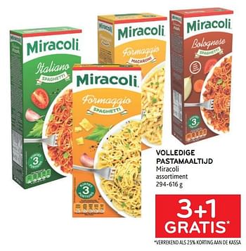 Promoties Volledige pastamaaltijd miracoli 3+1 gratis - Miracoli - Geldig van 29/06/2022 tot 12/07/2022 bij Alvo