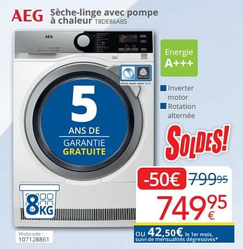 Promotions Aeg sèche-linge avec pompe à chaleur t8de86abs - AEG - Valide de 01/07/2022 à 31/07/2022 chez Eldi