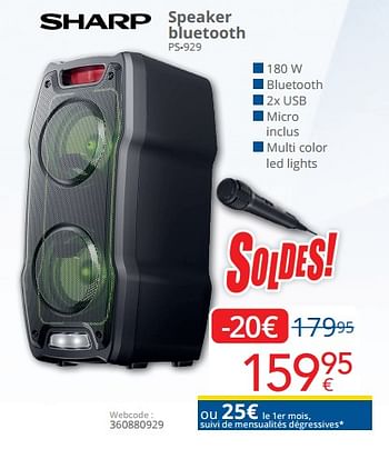 Promotions Sharp speaker bluetooth ps-929 - Sharp - Valide de 01/07/2022 à 31/07/2022 chez Eldi