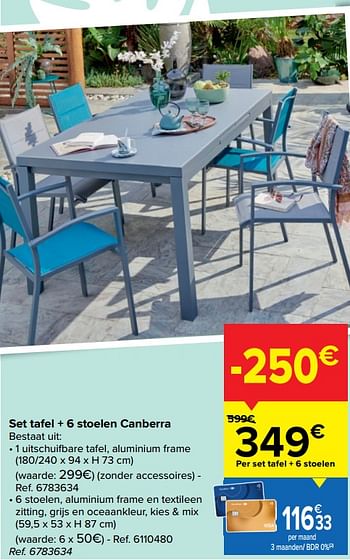 Promoties Set tafel + 6 stoelen canberra - Huismerk - Carrefour  - Geldig van 22/06/2022 tot 04/07/2022 bij Carrefour