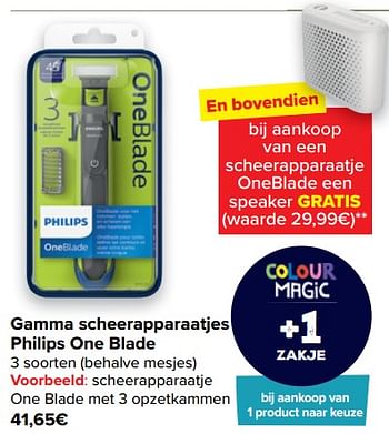 Promoties Scheerapparaatje one blade met 3 opzetkammen - Philips - Geldig van 22/06/2022 tot 27/06/2022 bij Carrefour