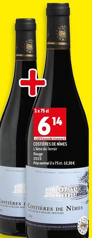 Promotions Costières de nîmes l’ame du terroir rouge 2019 - Vins rouges - Valide de 22/06/2022 à 28/07/2022 chez Match