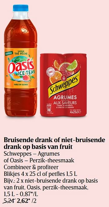 Promoties Niet-bruisende drank op basis van fruit oasis perzik-theesmaak - Oasis - Geldig van 23/06/2022 tot 29/06/2022 bij Delhaize