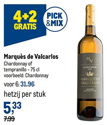 Promotions Marquès de valcarlos chardonnay - Vins blancs - Valide de 29/06/2022 à 12/07/2022 chez Makro