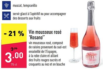 Promotions Vin mousseux rosé rosano - Mousseux - Valide de 27/06/2022 à 08/07/2022 chez Aldi