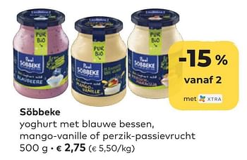 Promotions Söbbeke yoghurt met blauwe bessen mango-vanille of perzik-passievrucht - Sobbeke - Valide de 22/06/2022 à 16/08/2022 chez Bioplanet