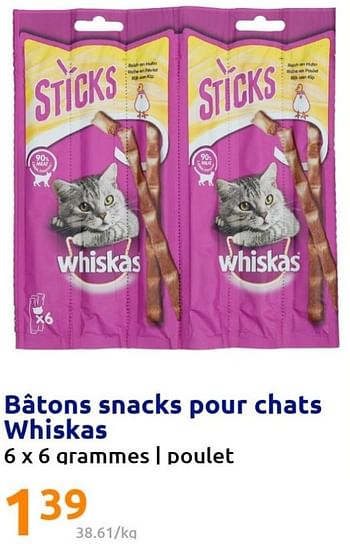 Promotions Bâtons snacks pour chats whiskas - Whiskas - Valide de 22/06/2022 à 28/06/2022 chez Action