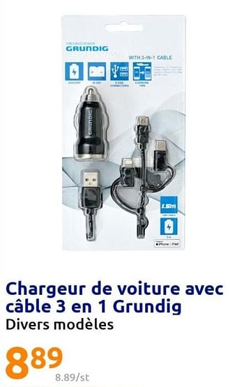 Promotions Chargeur de voiture avec câble 3 en 1 grundig - Grundig - Valide de 22/06/2022 à 28/06/2022 chez Action