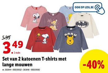 Promotions Set van 2 katoenen t-shirts met lange mouwen - Produit maison - Lidl - Valide de 04/07/2022 à 09/07/2022 chez Lidl