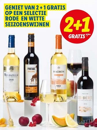 Promoties Geniet van 2 + 1 gratis op een selectie rode en witte seizoenswijnen - Rode wijnen - Geldig van 04/07/2022 tot 09/07/2022 bij Lidl