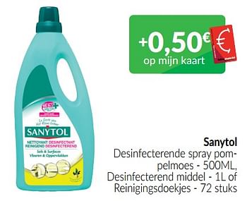 Promoties Sanytol desinfecterende spray pompelmoes - desinfecterend middel - of reinigingsdoekjes - Sanytol - Geldig van 01/07/2022 tot 31/07/2022 bij Intermarche