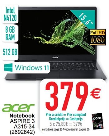 Promoties Acer notebook aspire 3 a315-34 - Acer - Geldig van 26/06/2022 tot 11/07/2022 bij Cora