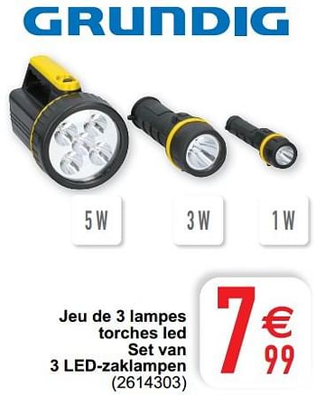 Promoties Jeu de 3 lampes torches led set van 3 led-zaklampen - Grundig - Geldig van 26/06/2022 tot 11/07/2022 bij Cora